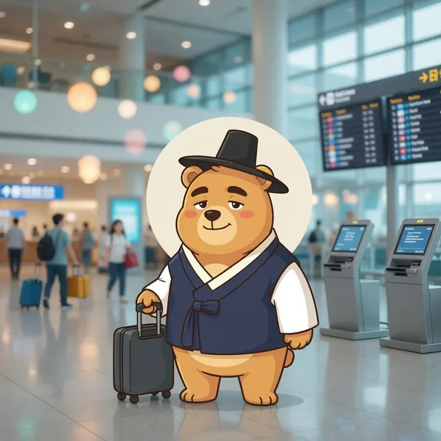 GodGom with a suitcase in the arrivals hall of Incheon Airport