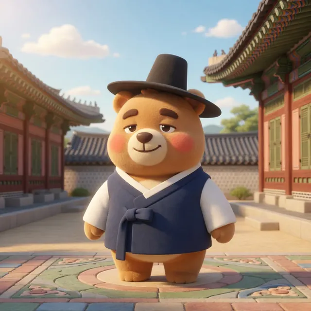 3D GodGom standing in a Korean palace courtyard